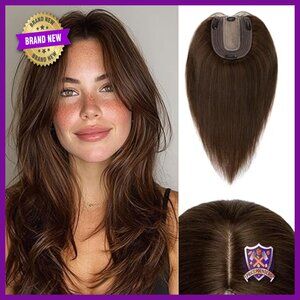 Human Hair Topper for Thinning Hair, 10 Inch, Silk Base, 4 Clips